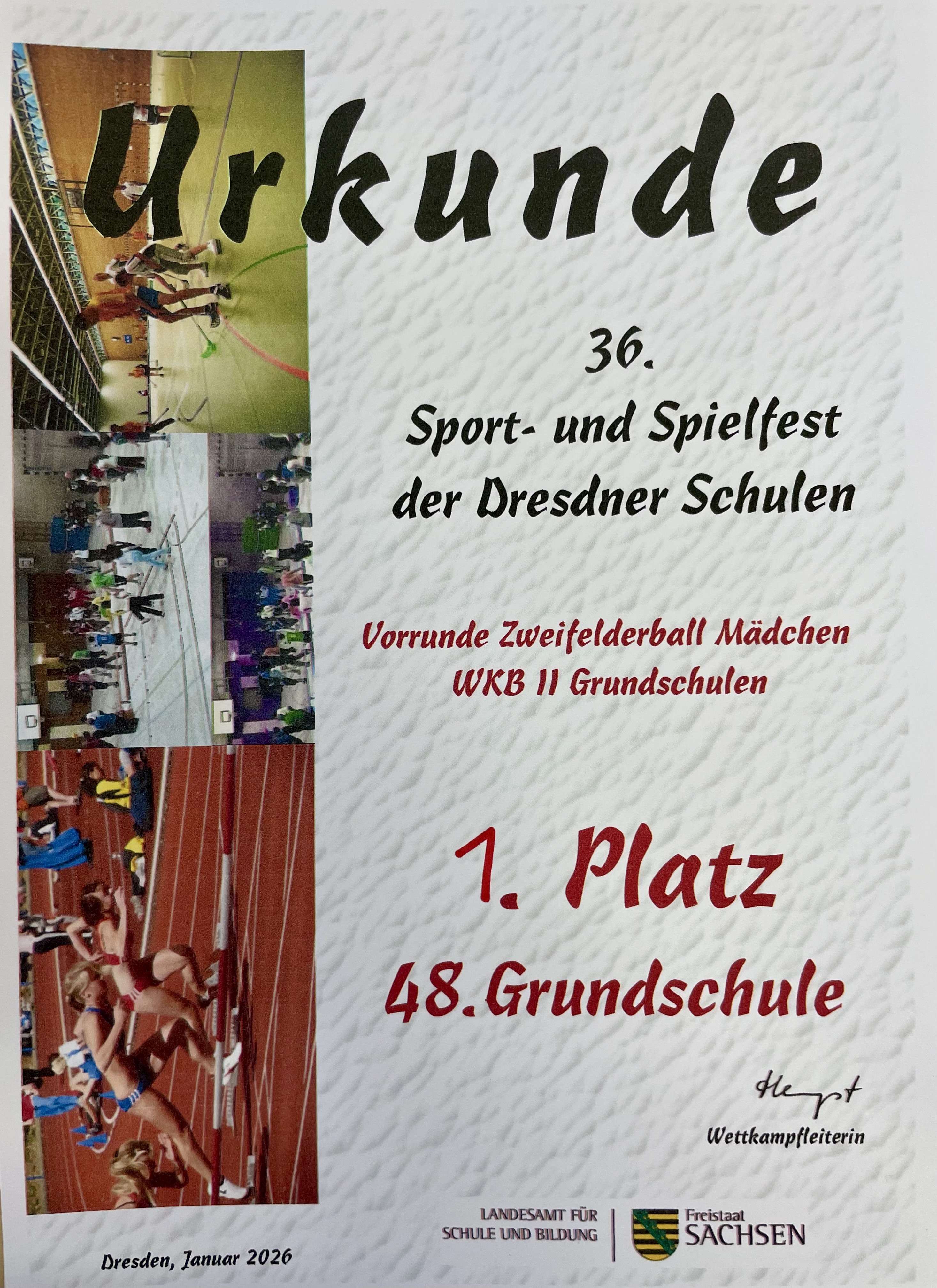Urkunde 1. Platz Sport- und Spielfest der Dresdner Schulen © 48. Grundschule Dresden